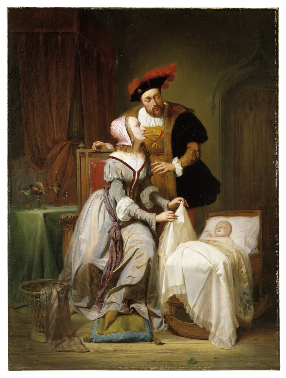 Károly császár és szeretője, Johanna Van der Gheynst lányuk, Margit bölcsőjénél alkotó: Theodore Joseph Canneel