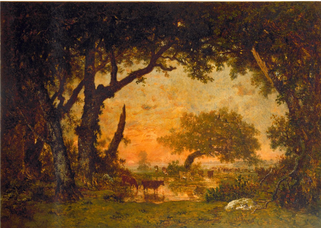 Kilépés az erdőből Fontainebleau-ban, naplemente (olaj, vászon alkotó: Pierre Etienne Theodore Rousseau