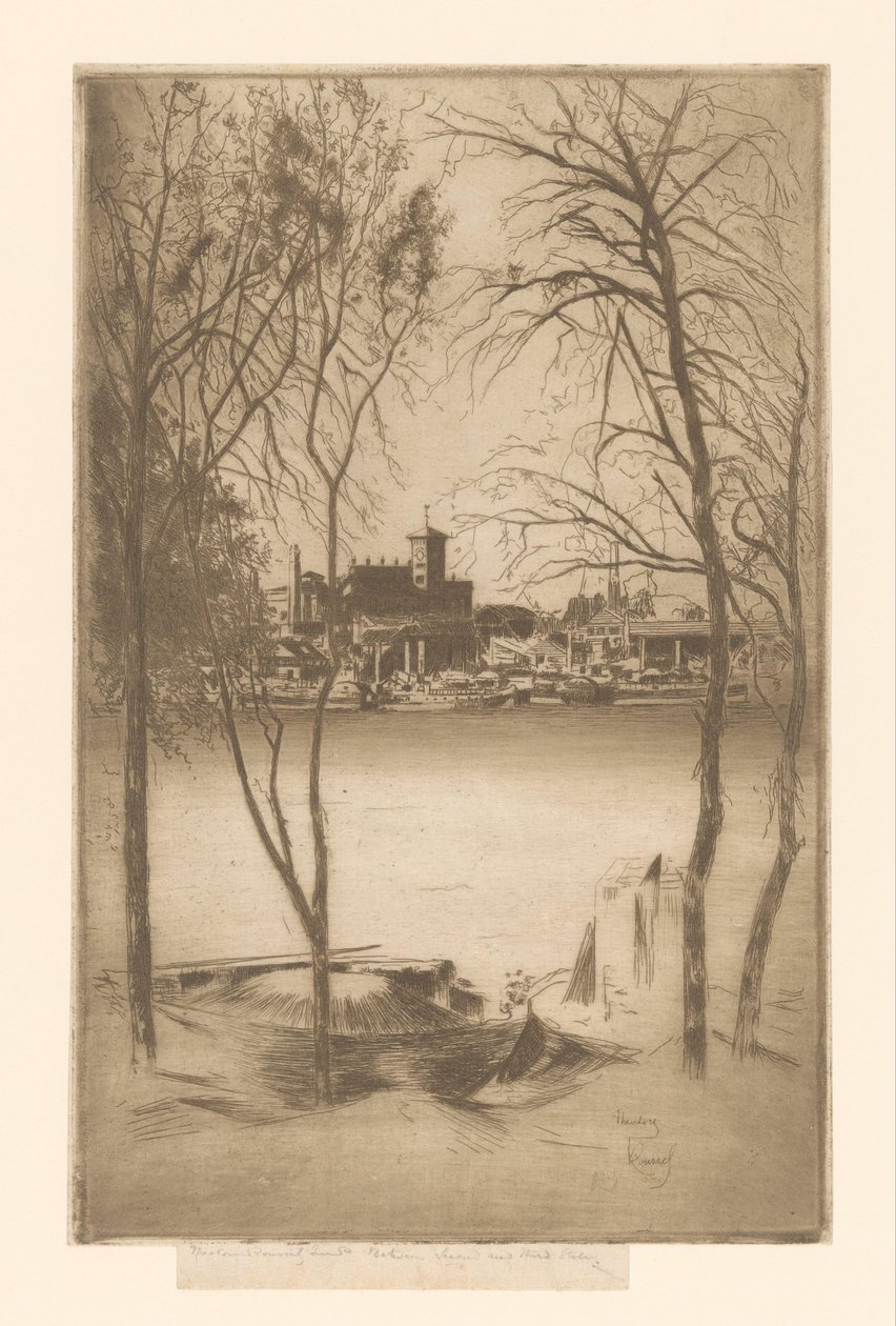 Kilátás a folyóra, kikötővel és iparral Laburnums és Battersea alkotó: Théodore Roussel (signed by artist)