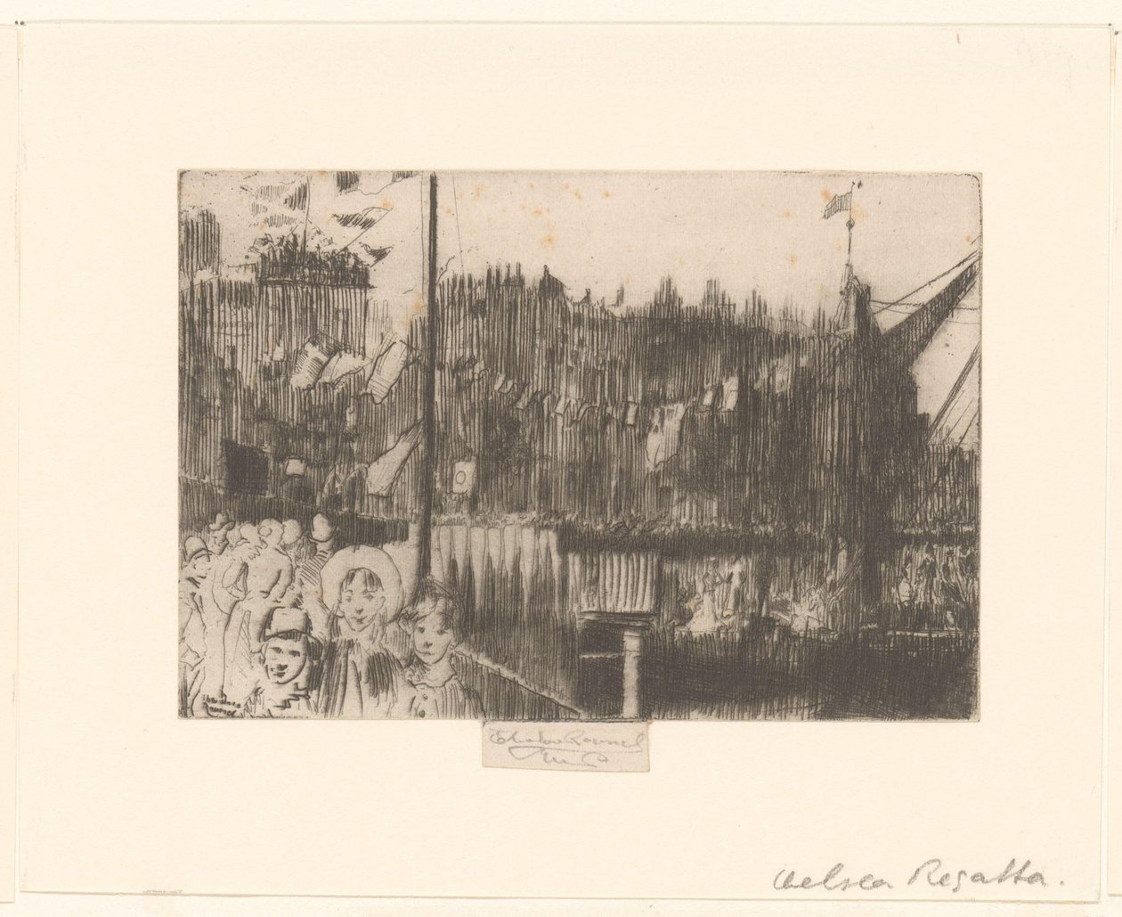 Városkép figurákkal a rakparton, zászlókkal díszítve Chelsea Regatta alkotó: Théodore Roussel (signed by artist)