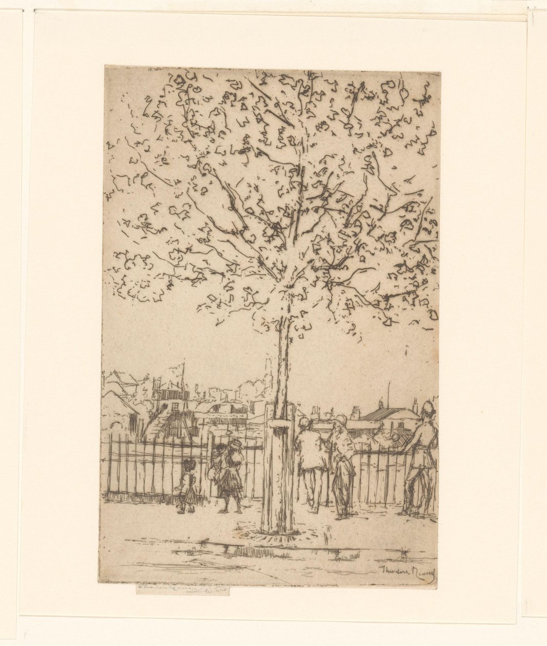 Hat alak a kerítésnél a folyó mentén, az előtérben egy fa Chelsea Embankment, 1889. június, 17:00 alkotó: Théodore Roussel (signed by artist)