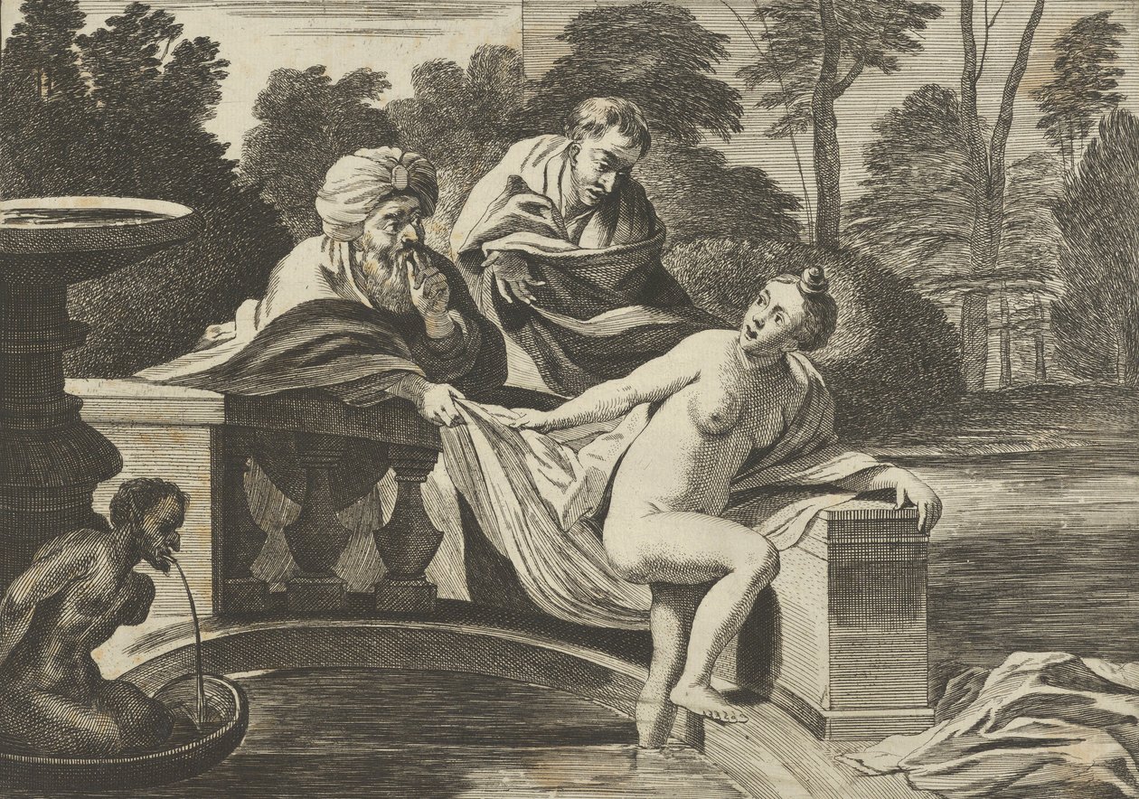 Susanna, részben meztelenül, kilép a szökőkútból, balra két vén, egy o..., kb. 1656-60. alkotó: Théodorus van Kessel