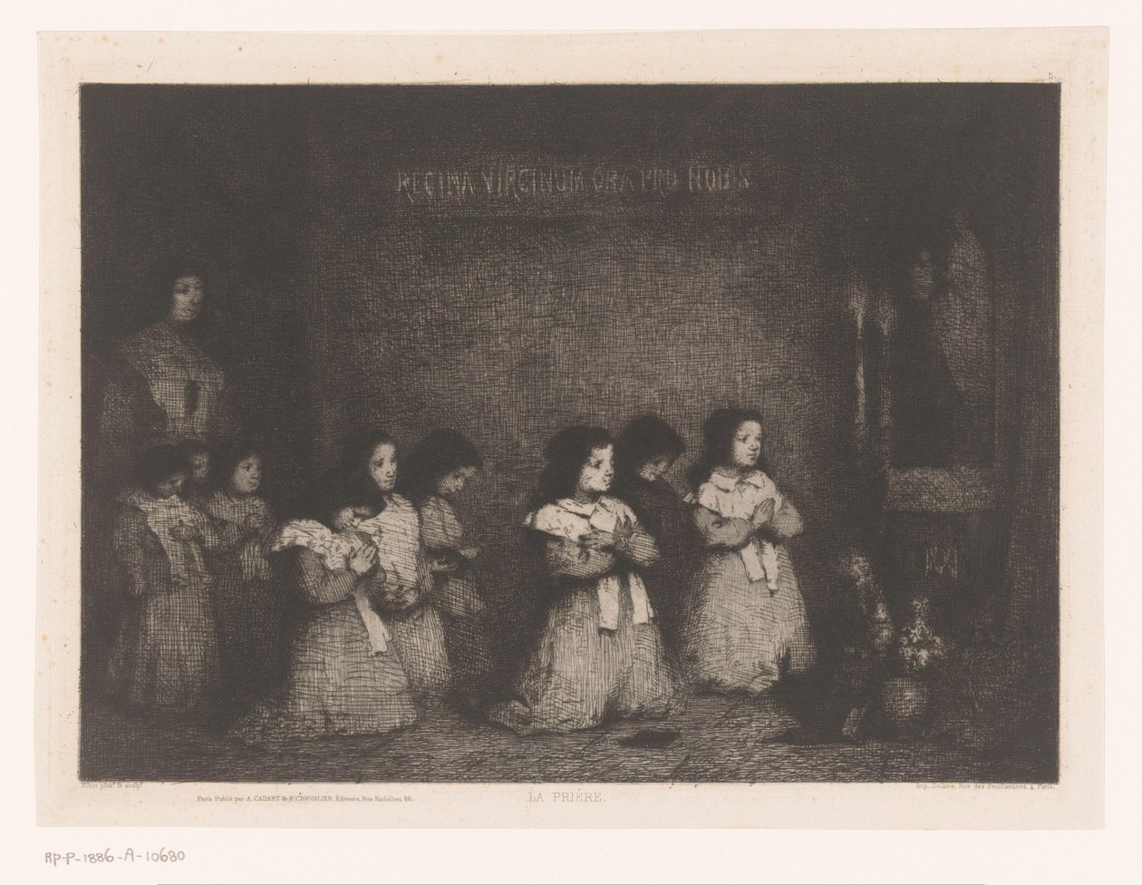 Lányok csoportja imában Mária szobra előtt La Priere (cím a tárgyon) Eaux-Fortes Modernes: Originales et Inédites (sorozat címe) alkotó: Théodule Augustin Ribot