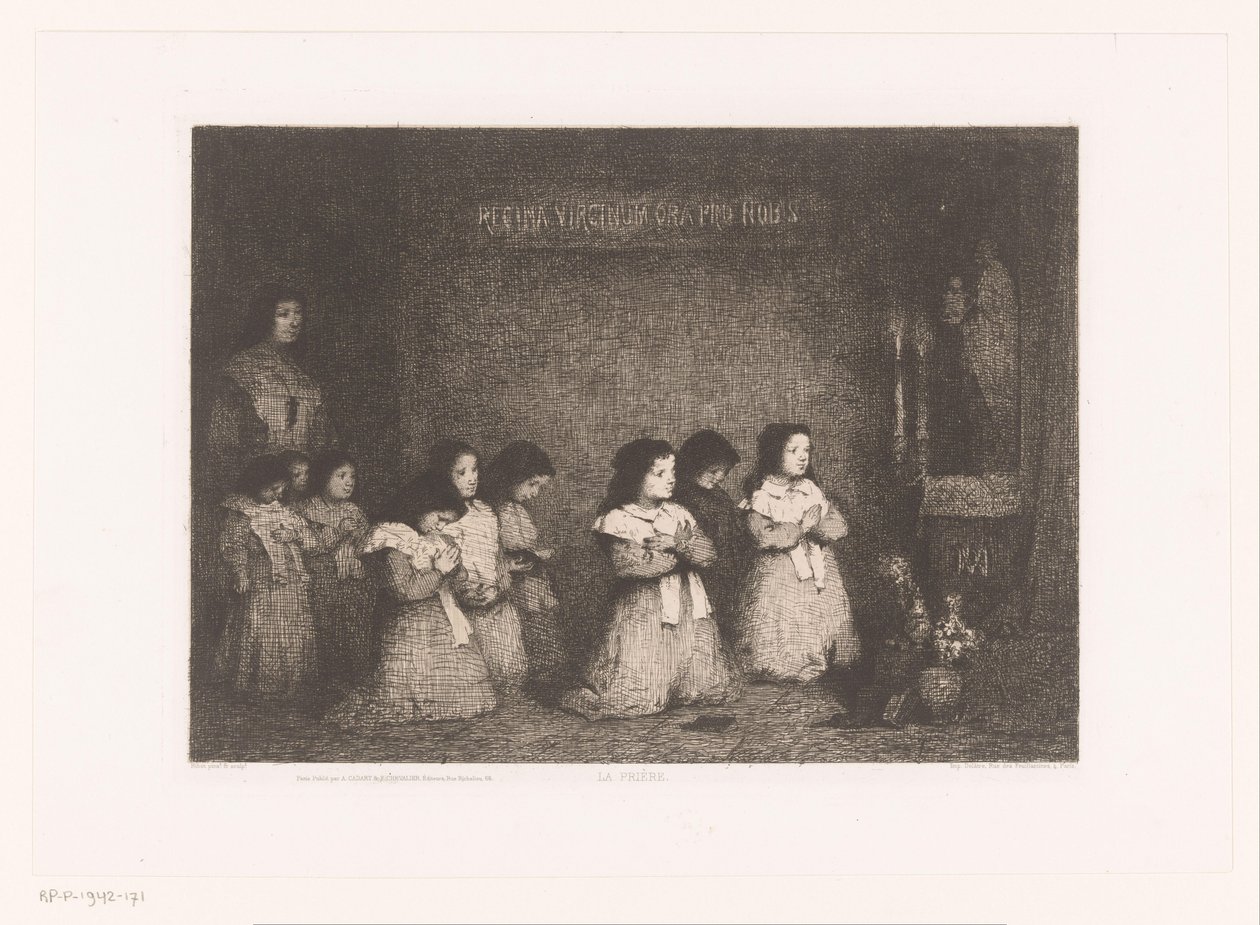 Lányok csoportja imában Mária szobra előtt La Priere (cím a tárgyon) Eaux-Fortes Modernes: Originales et Inédites (sorozat címe) alkotó: Théodule Augustin Ribot