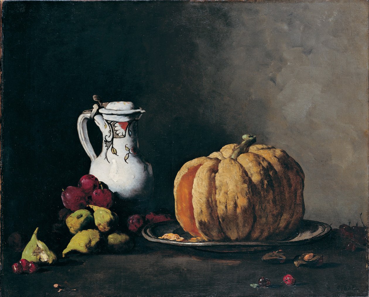 Csendélet sütőtökkel, szilvával, cseresznyével, fügével és kancsóval, 1860 körül alkotó: Théodule Augustin Ribot