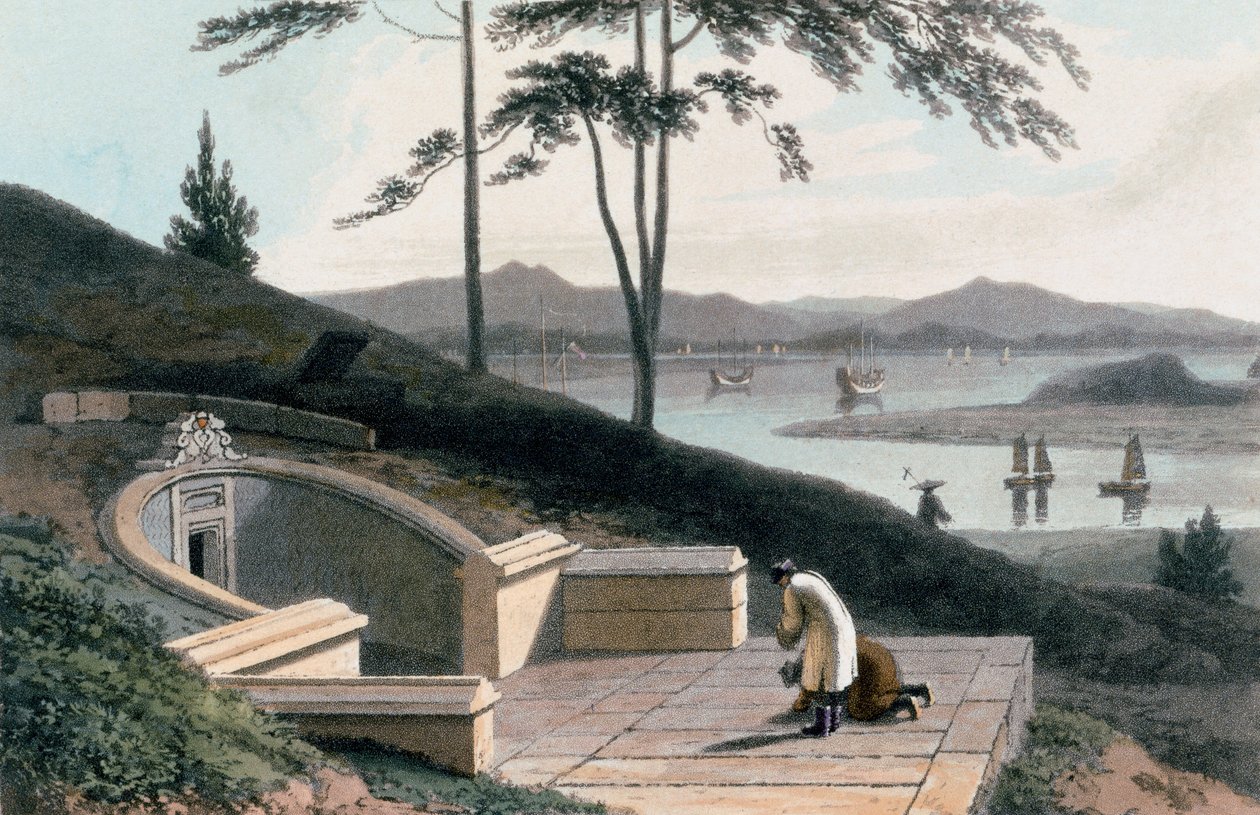 Kínai sír két gyászolóval a kőbejárat előtt, az „Egy festői utazás Indiába, Kína útján” című műből, 1810 alkotó: Thomas und William Daniell