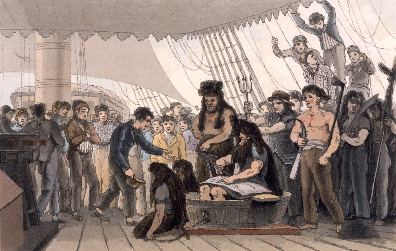 Crossing the Line (Öltözködés az Egyenlítő átkelésénél), „Festői utazás Indiába, Kína útján”, 1810 alkotó: Thomas und William Daniell