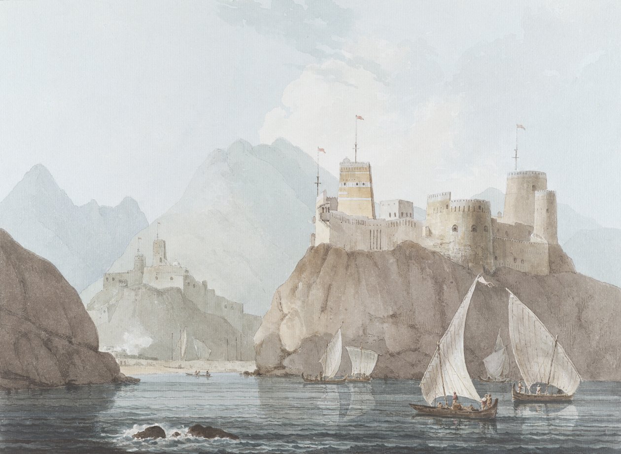 Keleti nézet a Jellali és Merani erődökről, Muskah, Arabia, 1793. június (wc, toll, tinta és ceruza papíron) alkotó: Thomas und William Daniell