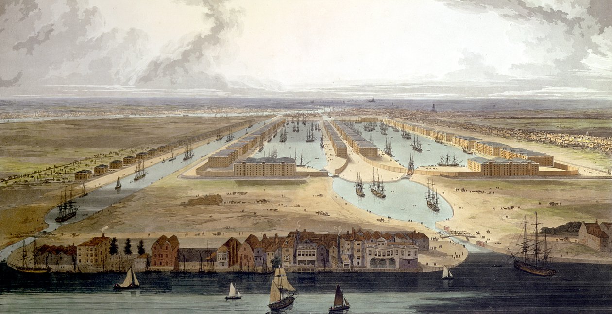 Az új dokk és raktárak magasított kilátása, 1802 alkotó: Thomas und William Daniell