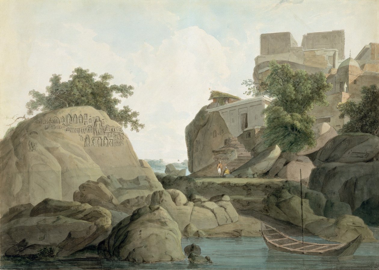 Fakir szikla Sultanganjban, a Gangesz folyón, Indiában, 1790 körül (wc grafit fölött, papíron) alkotó: Thomas und William Daniell