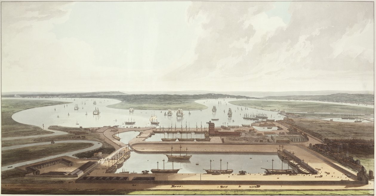 A kelet-indiai dokkok látképe, 1803 (aquatinta) alkotó: Thomas und William Daniell