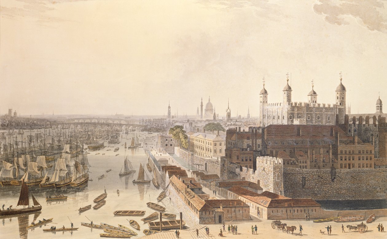 Kilátás Londonra a St. Katherine Way felől nyugatra nézve, 1804 (színes akvatinta) alkotó: Thomas und William Daniell