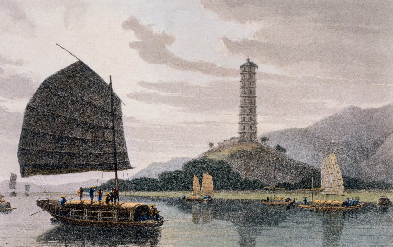 Wham Poa Pagoda, előtte hajózó hajókkal, "Egy festői utazás Indiába, Kína útján", 1810 alkotó: Thomas und William Daniell