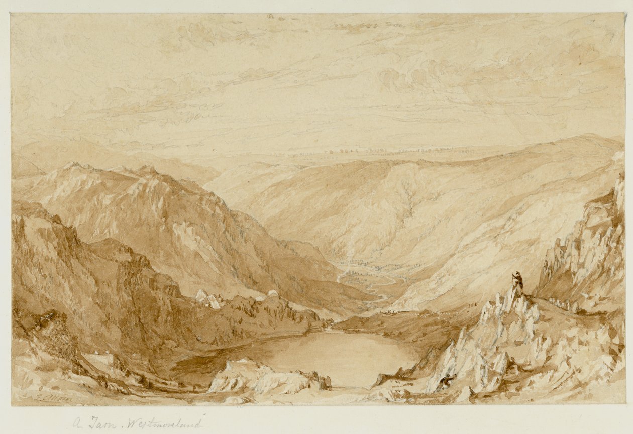 A Tarn, Westmorland (Small Water Tarn, Nanbield, Looking into Mardale) (ceruza és akvarell (szépia) papíron) alkotó: Thomas Allom
