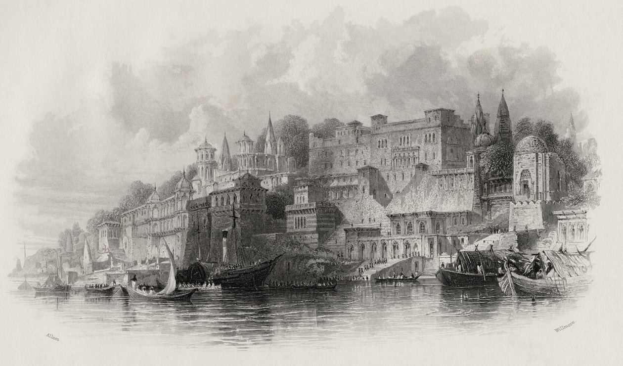 Benares, India, metszet: A. Willmore (1814-88) alkotó: Thomas Allom