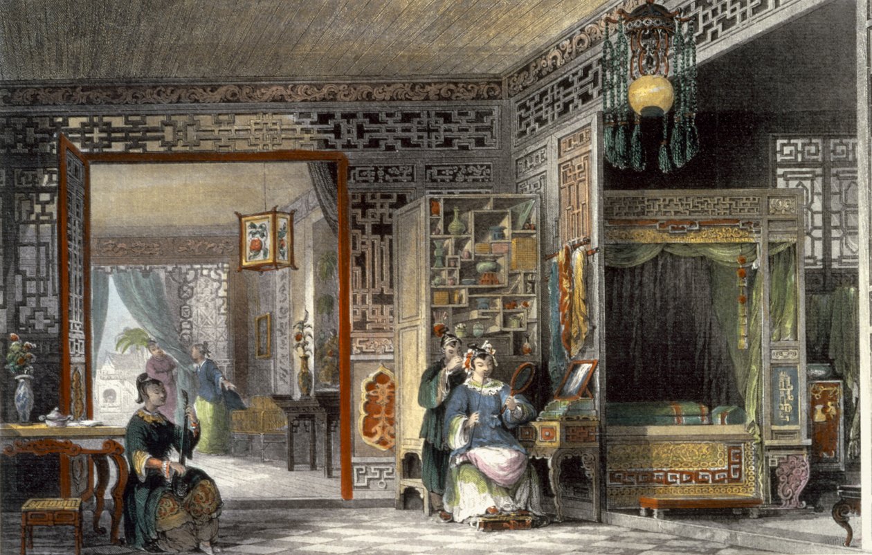 Budoár és egy rangú hölgy ágykamrája, George Newenham Wright (kb. 1790-1877) „China in a Series of Views” című művéből, 1843 alkotó: Thomas Allom
