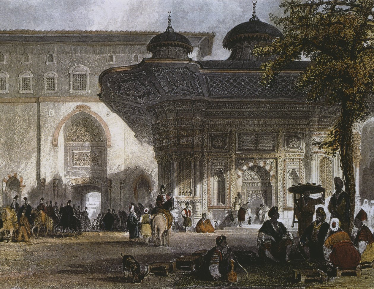 A Topkapi palota császári kapuja és III. Ahmed szultán szökőkútja, Isztambul, 1839 (színes metszet) alkotó: Thomas Allom