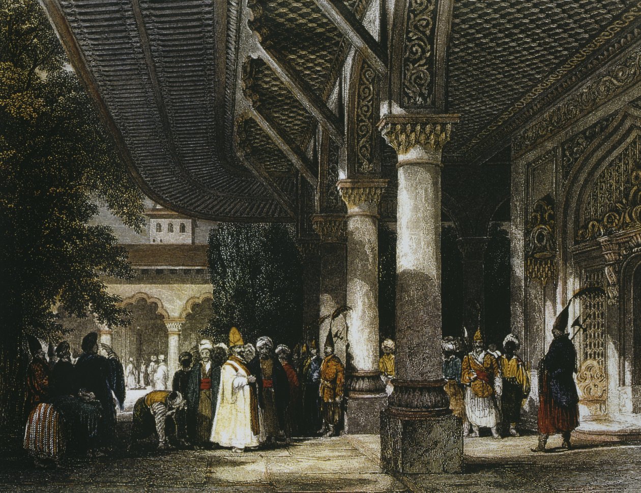 A Topkapi palota belseje a Felicity kapuval (Bab-i-Saadet) Isztambul, 1839 (színes metszet) alkotó: Thomas Allom