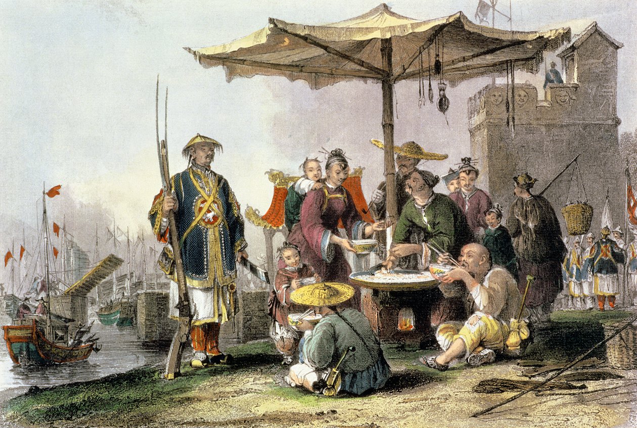 Rizsárusok a Tong-Chang-Too katonai állomáson, George Newenham Wright (1790-1877 körül) "Kína egy sorozatban" című művéből (1843). alkotó: Thomas Allom