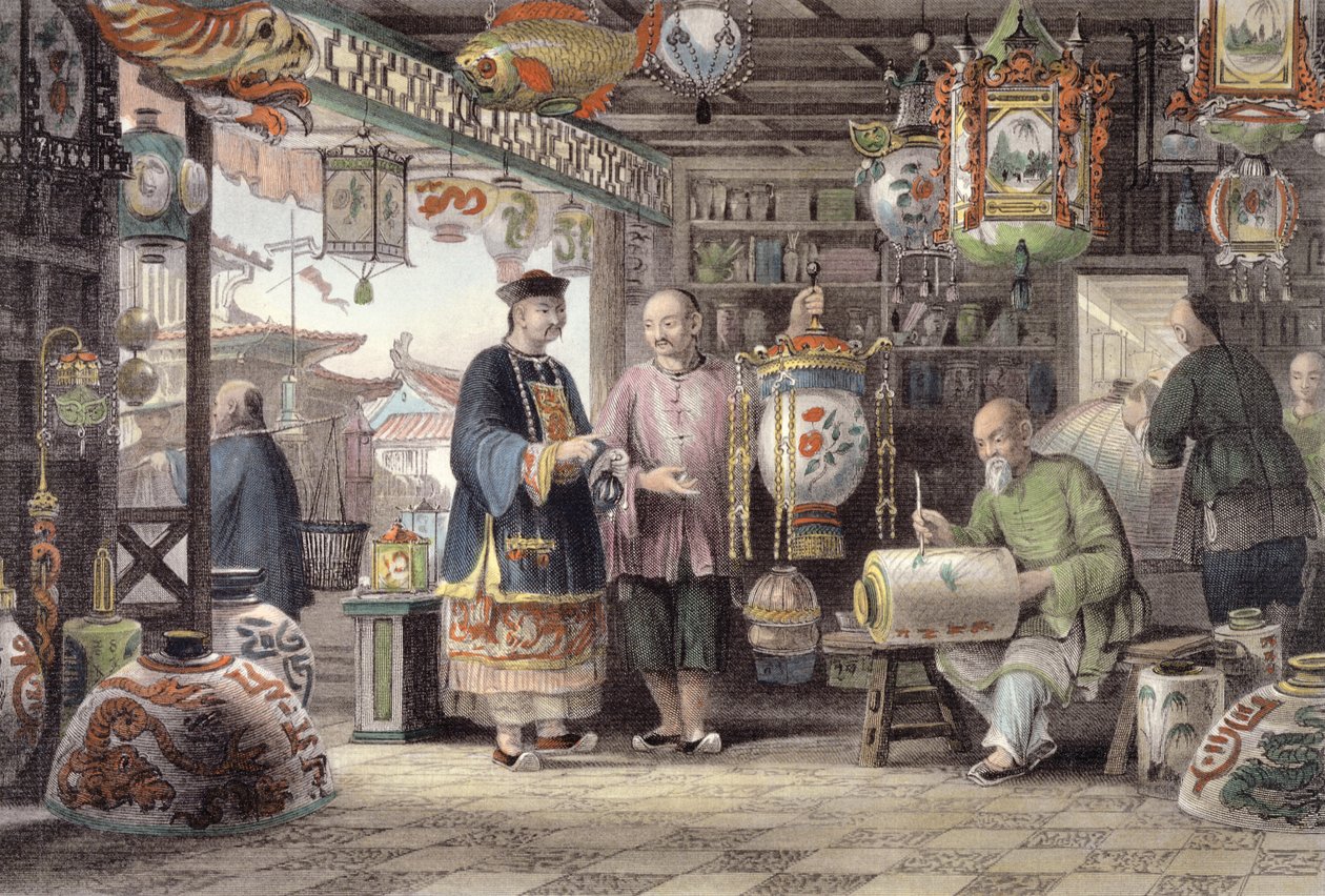 Egy lámpáskereskedő bemutatóterme Pekingben, George Newenham Wright (kb. 1790-1877) „China in a Series of Views” filmből, 1843 alkotó: Thomas Allom