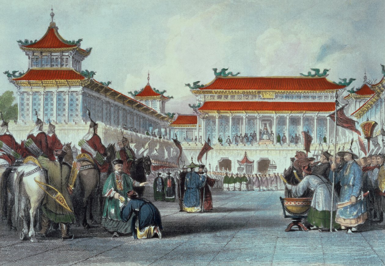 Teaon-Kwang császár áttekinti gárdáját, a pekingi palota, George Newenham Wright (kb. 1790-1877) „Kína a nézetek sorozatában” című művéből, 1843 alkotó: Thomas Allom