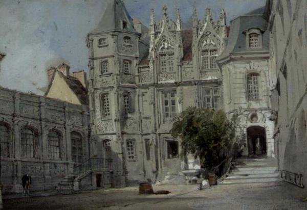 A Hotel Bourgtheroulde a Place de la Pucelle-ban, Rouen (wc papíron) alkotó: Thomas Allom