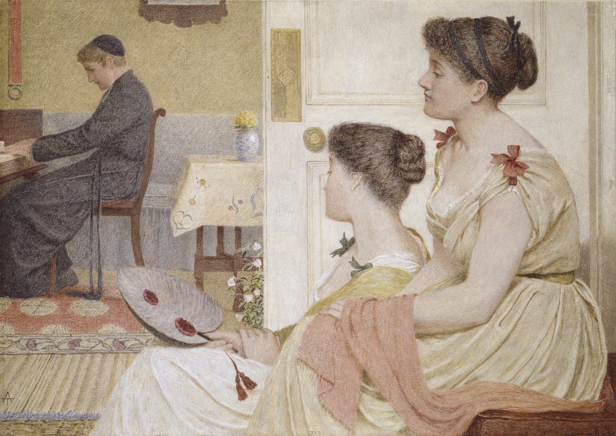 Szalonjelenet egy fiatal pappal a zongoránál (pasztell és olaj) alkotó: Thomas Armstrong