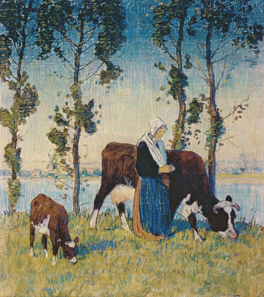 Nő tehénnel és borjúval (pasztell) alkotó: Thomas Austen Brown