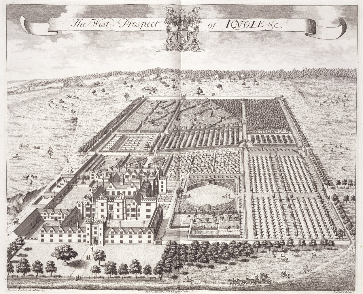 Knole nyugati kilátása, „Harminchat különböző nézet a nemesi és úri székekről, Kent megyében”, metszett I. Kip, 1750 körül alkotó: Thomas Badeslade