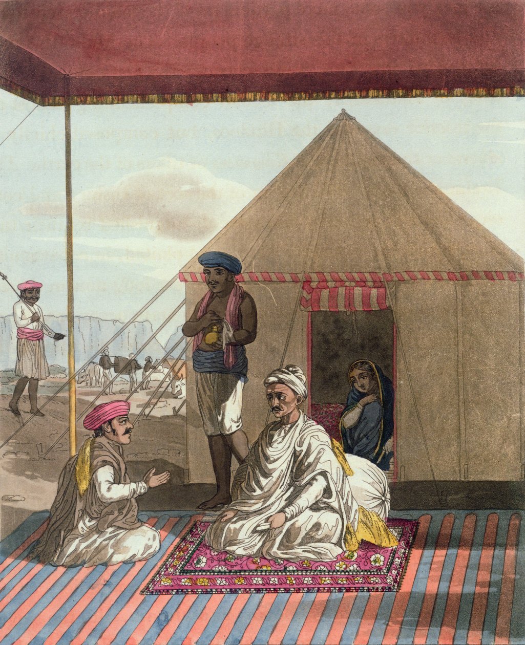 Egy Mahratta Pandit és családja, az „A Mahratta táborból”, 1813. április 5. (színes metszet) alkotó: Thomas Baxter