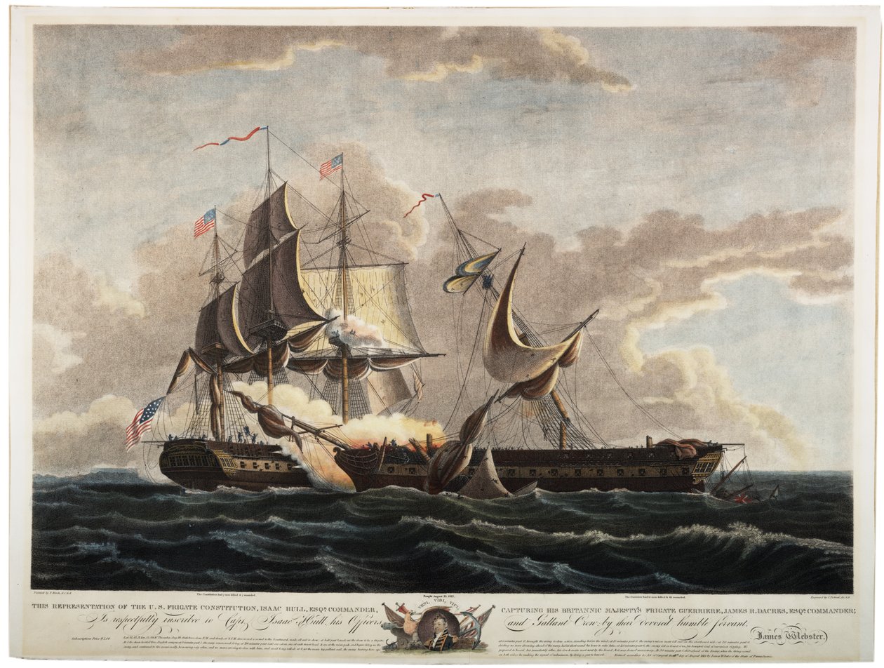 Az amerikai Constitution fregatt elfogja a Guerriere fregattot, 1813 (kézzel színezett metszet) alkotó: Thomas Birch
