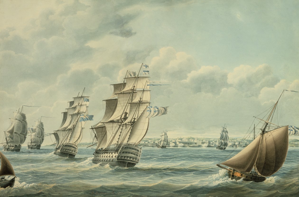 Brit hajók blokkolják Cadizt 1797-ben, 1797-ben (wc papíron) alkotó: Thomas Buttersworth