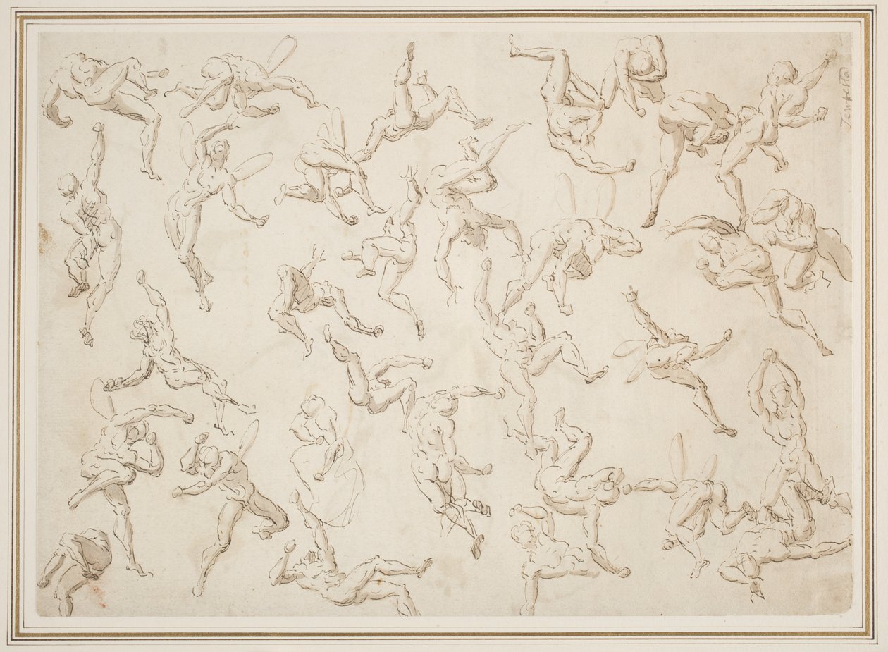 Sheet Of Figure Studies (barna tinta tollal felhordva mosással krémszínű papírra) alkotó: Thomas Carwitham