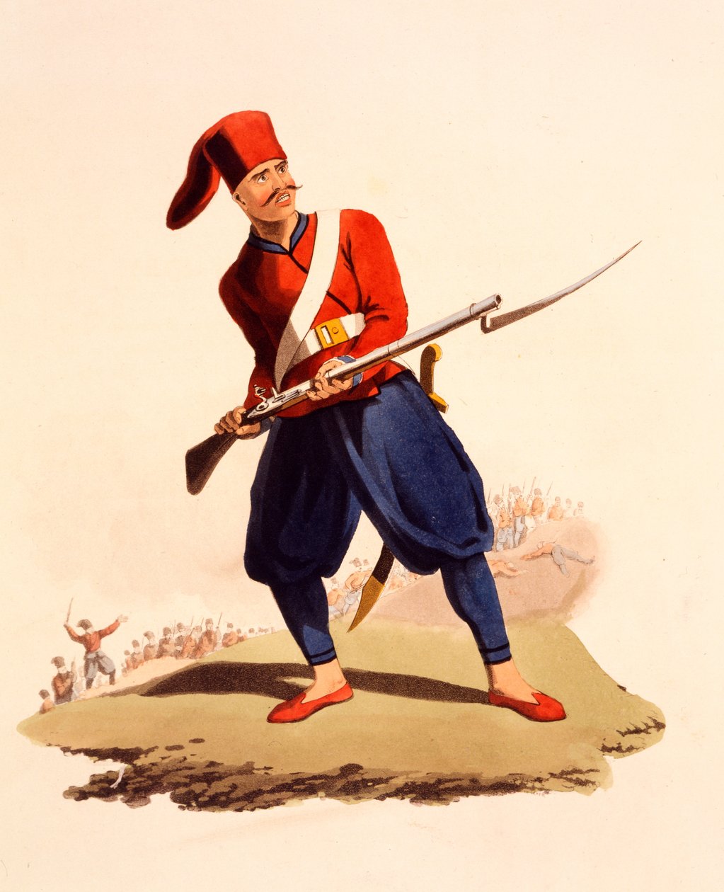 Az Oszmán Hadsereg Európai Gyalogságának tisztje, a „Törökország katonai jelmeze”-ből, 1818-ban (kézzel színezett akvatinta) alkotó: Thomas Charles Wageman