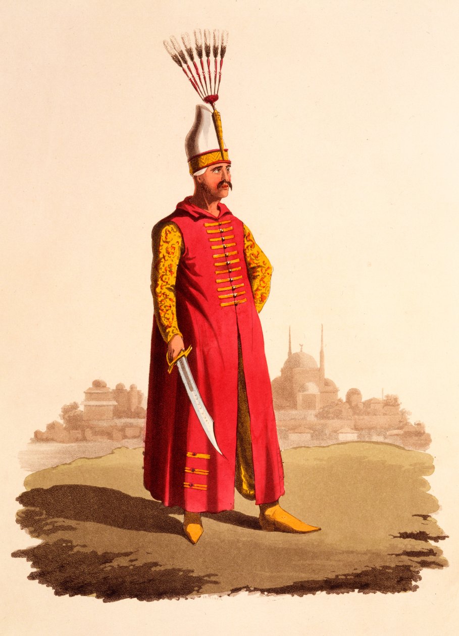A janicsárok tisztje az 1818-ban megjelent „Törökország katonai viseletéből” (kézzel színezett akvatinta) alkotó: Thomas Charles Wageman