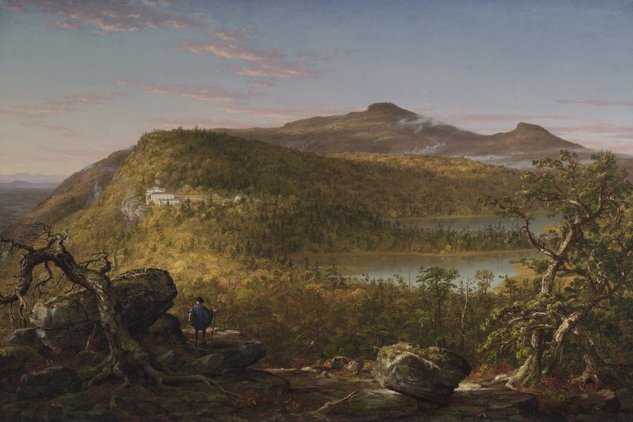 Kilátás a két tóra és a hegyi házra, Catskill -hegység, reggel (1844) alkotó: Thomas Cole
