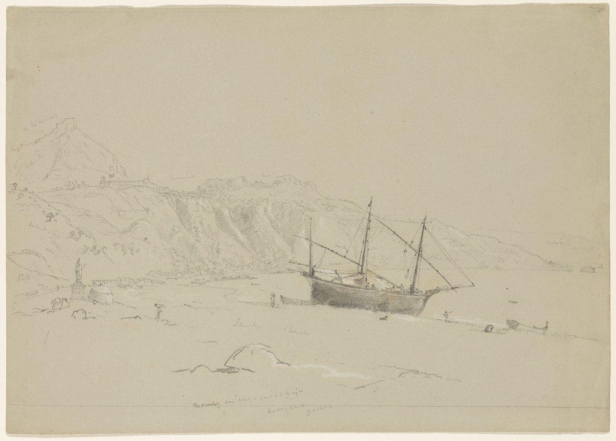 Hajó egy tengerparton Taormina közelében, Szicíliában, 1842 (ceruza fehér krétával a papíron) alkotó: Thomas Cole