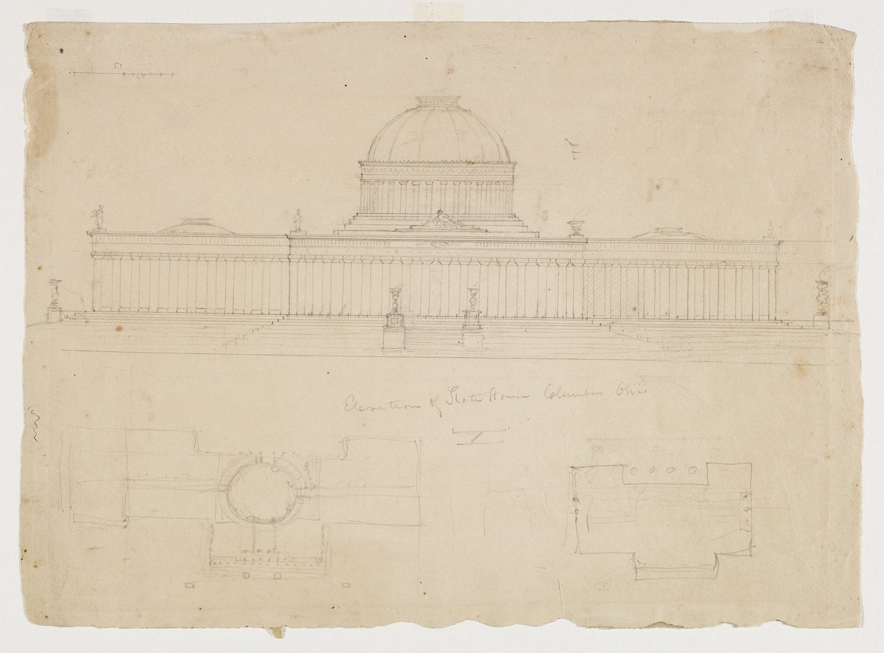 A State House emelkedése, Columbus, Ohio, 1838 körül (grafitceruza bézs szőtt papíron) alkotó: Thomas Cole
