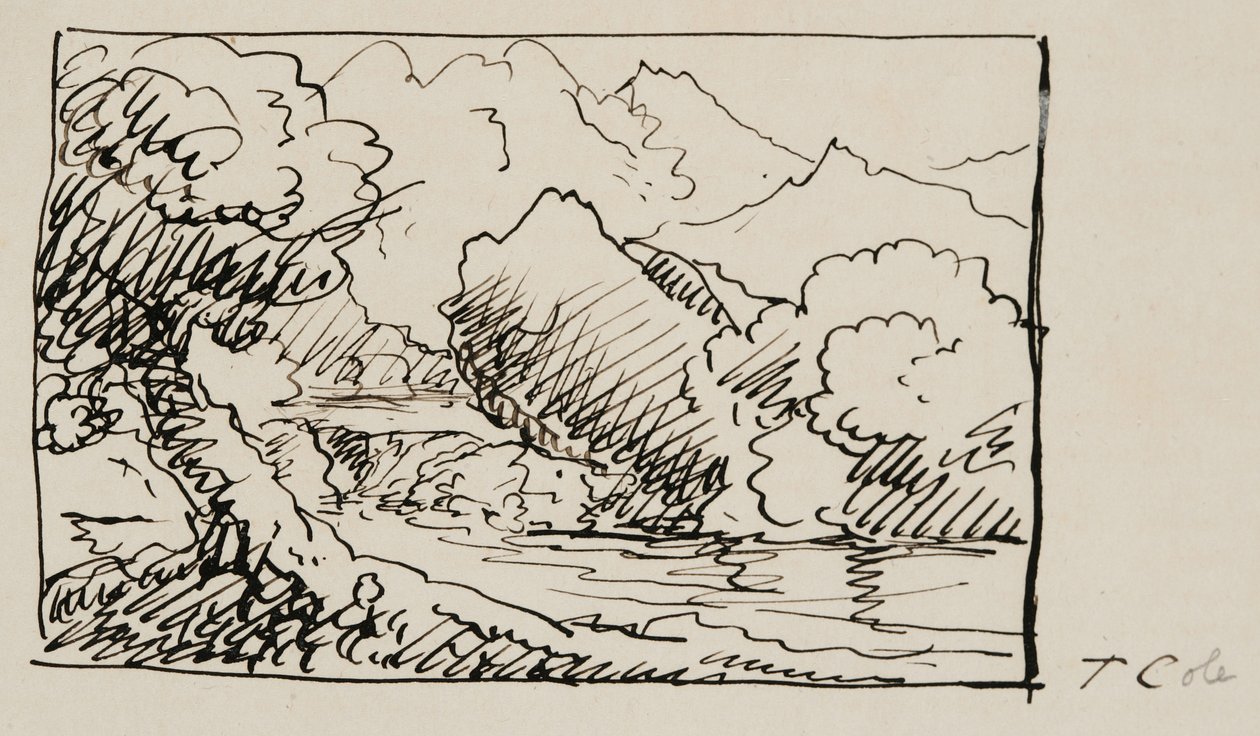 Tájvázlat, 1841 (toll és fekete tinta krémszínű szőtt papíron) alkotó: Thomas Cole