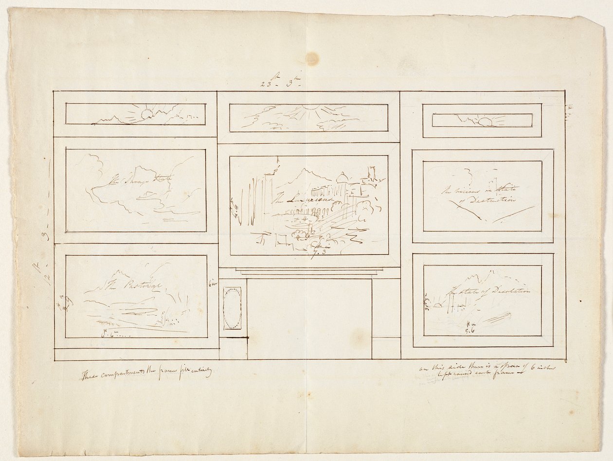 A The Course of the Empire, 1833 elrendezése (toll és barna tinta grafitceruzával törtfehér szőtt papíron) alkotó: Thomas Cole
