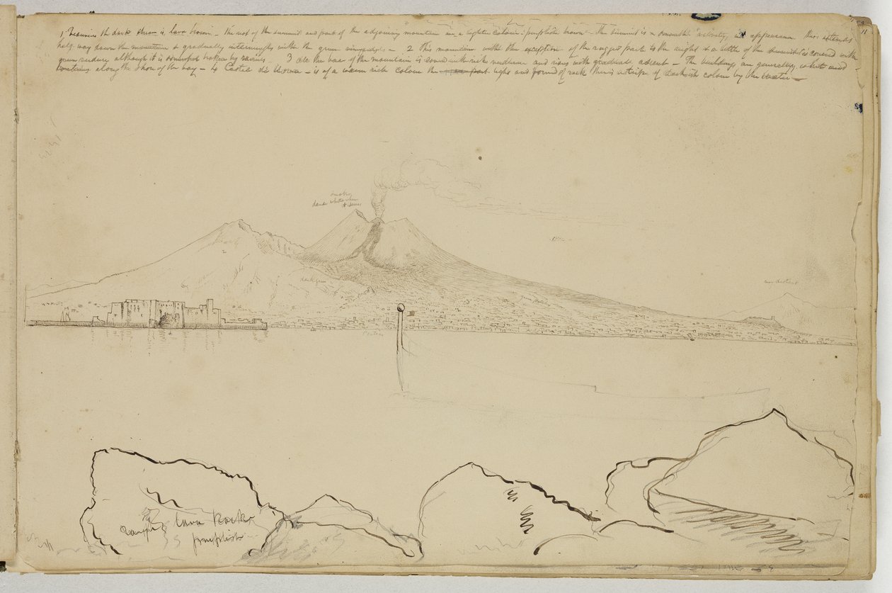 Panoráma a Nápolyi-öbölre, 1832 körül (toll és barna tinta grafitceruza fölött, törtfehér szőtt papíron) alkotó: Thomas Cole