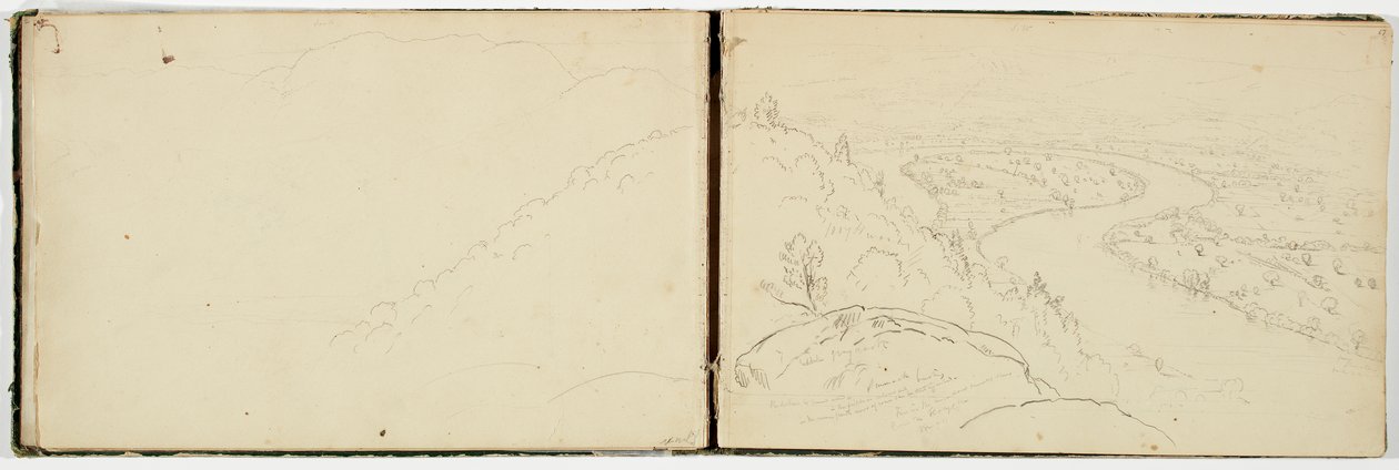 Panoráma a holtágról a Connecticut folyón, a Holyoke-hegyről nézve, 1833 körül (grafitceruza szőtt papíron) alkotó: Thomas Cole