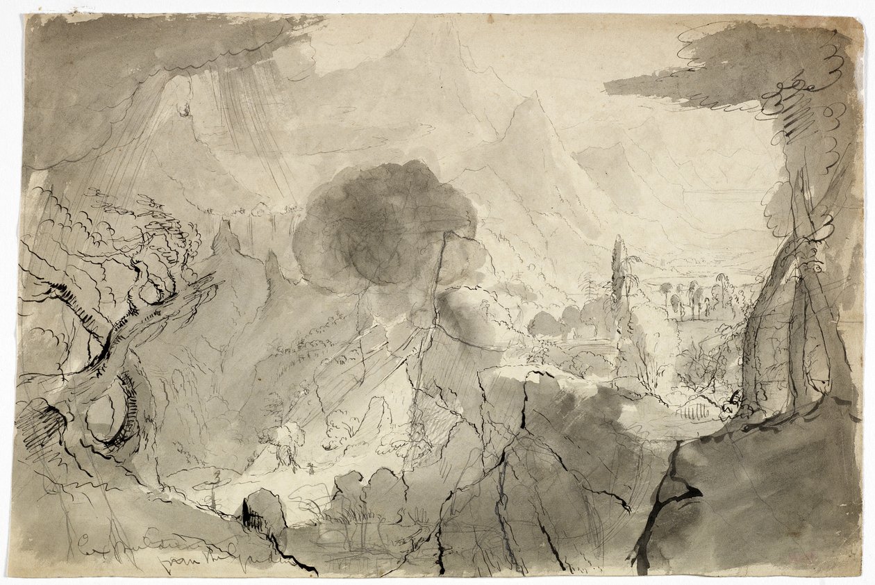 Tanulmány az Édenkertből való kiűzéshez, 1828 (fekete tus, toll és fekete tinta, grafit, krémszínű vattapapír) alkotó: Thomas Cole