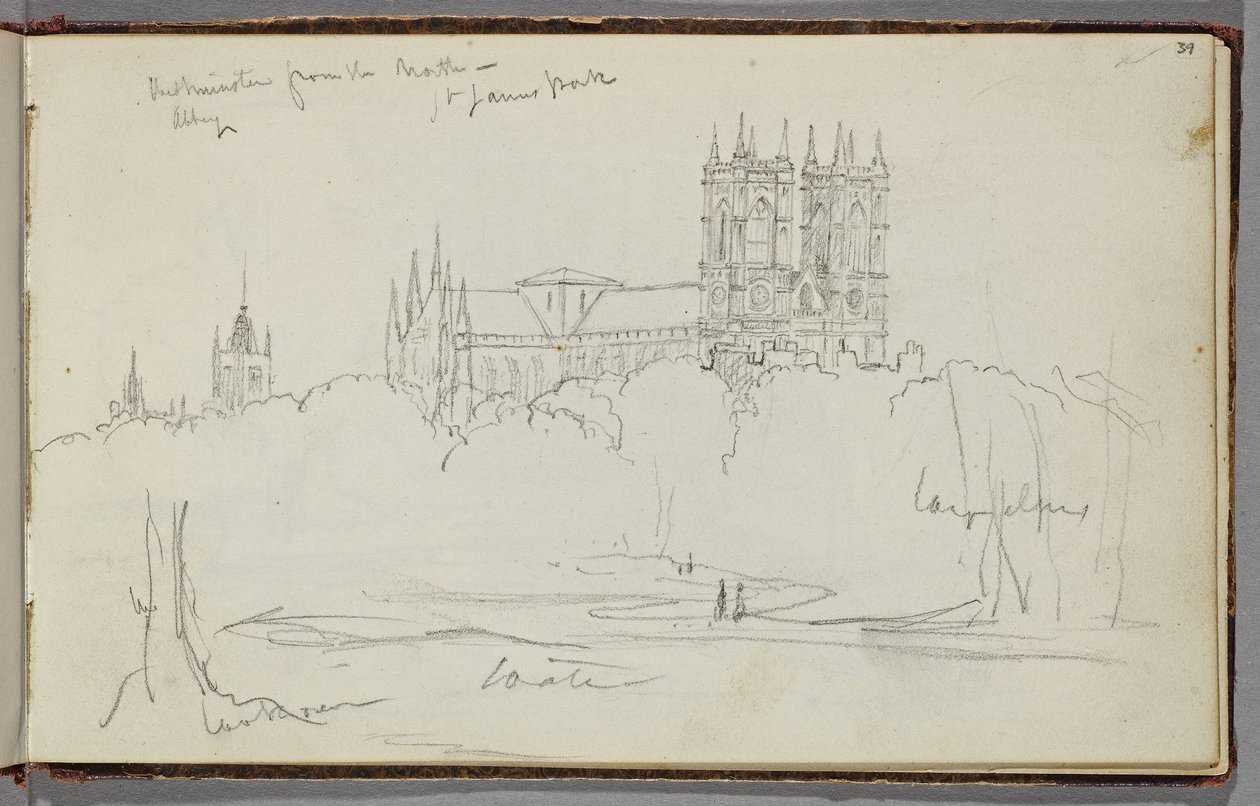 Westminster Abbey északról, St. James Park, 1830 körül (grafitceruza törtfehér szőtt papíron) alkotó: Thomas Cole