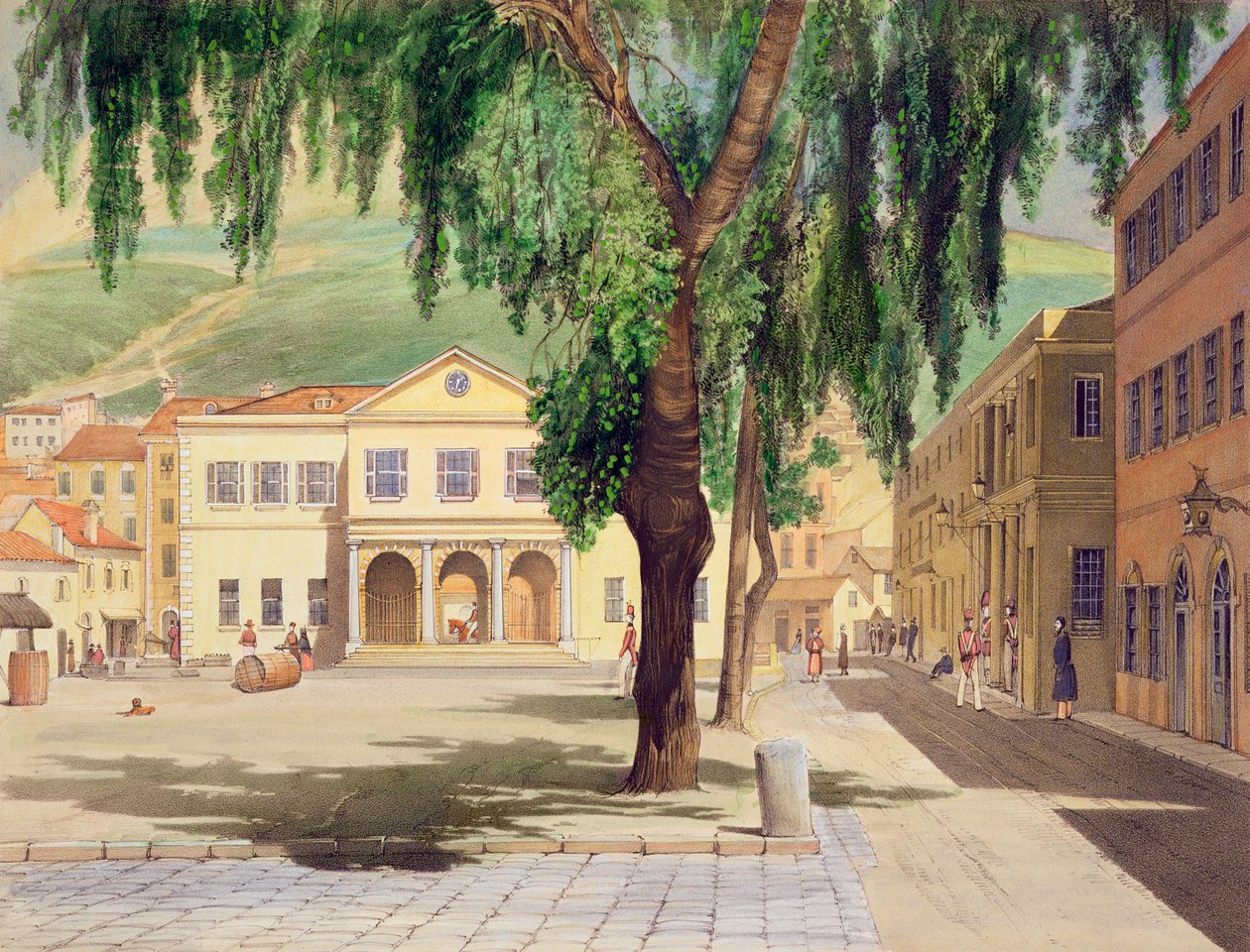 A Kereskedelmi tér, a Kereskedelmi Könyvtár és a Főőrség, Gibraltár, J. M. Carter „Válasszon kilátást a sziklára és a gibraltári erődre” című művében illusztrálva, 1845 (lásd még: 22966 alkotó: Thomas Colman Dibdin