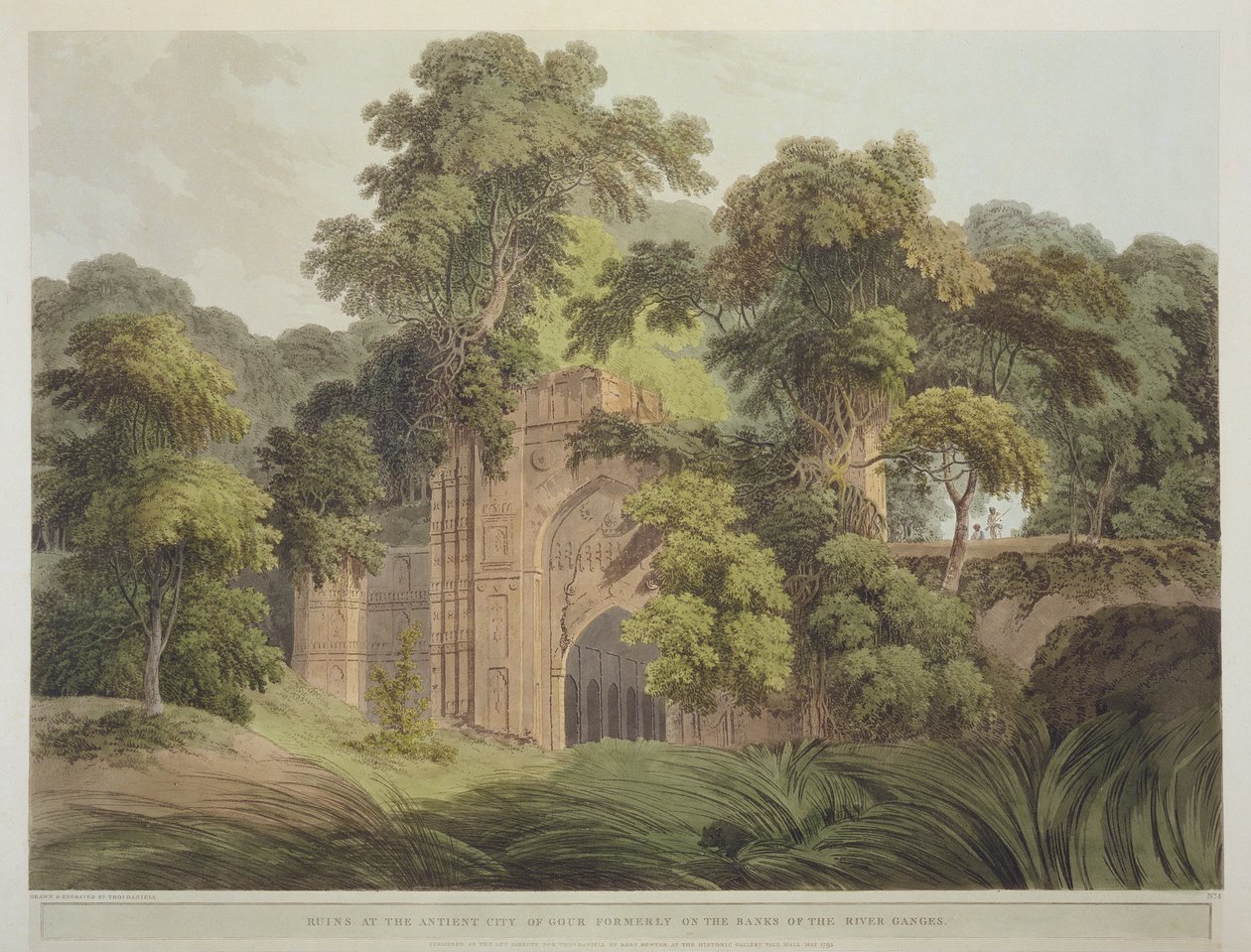 Gour ősi városának romjai, amely korábban a Gangesz folyó partján volt, a „Keleti táj: Huszonnégy nézet Hindoostanban” című filmből, 1795 alkotó: Thomas Daniell