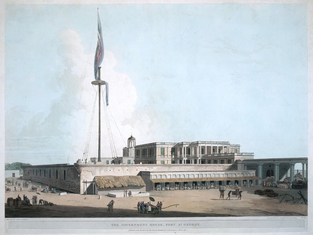 A kormányház Ft. Szent György, Madras. 1804 alkotó: Thomas Daniell