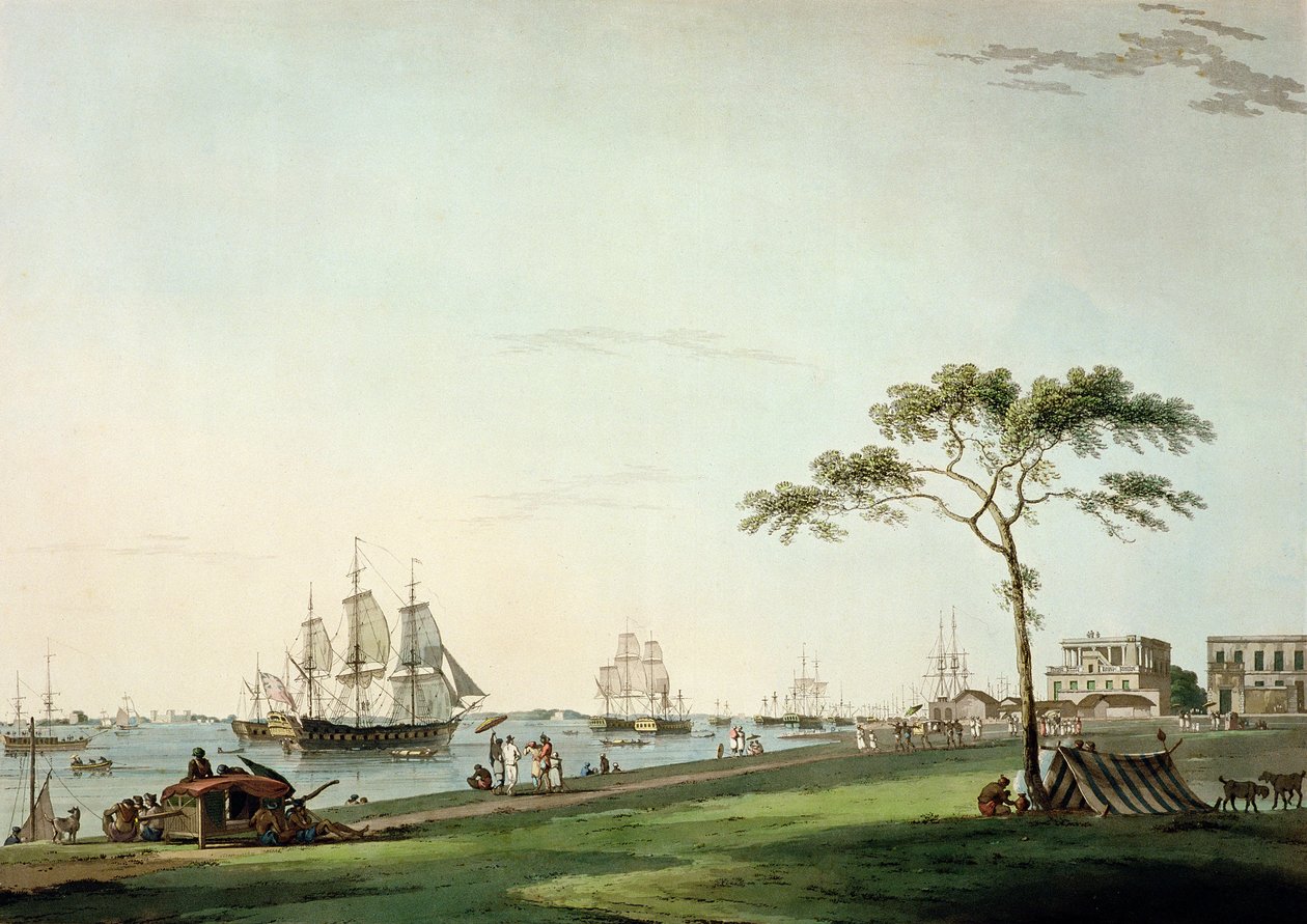 View Taken on the Esplanade, Calcutta, I. tábla az 1797-ben kiadott "Oriental Scenery" (színes akvatinta) című műből. alkotó: Thomas Daniell