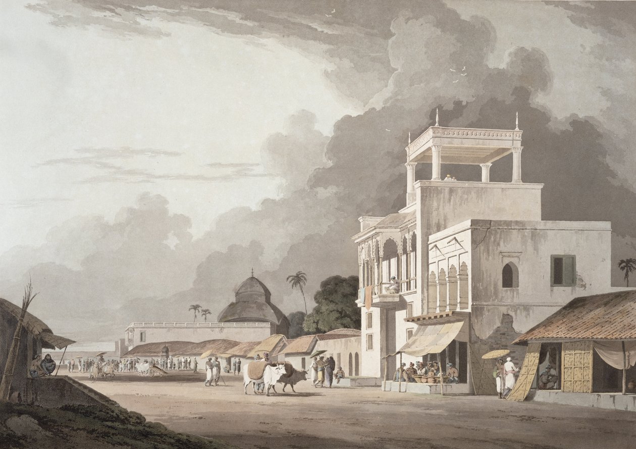 Kilátás a Chitpore Roadra, Calcutta, II. tábla az „Oriental Scenery”-ből, megjelent 1797-ben (színes akvatinta) alkotó: Thomas Daniell