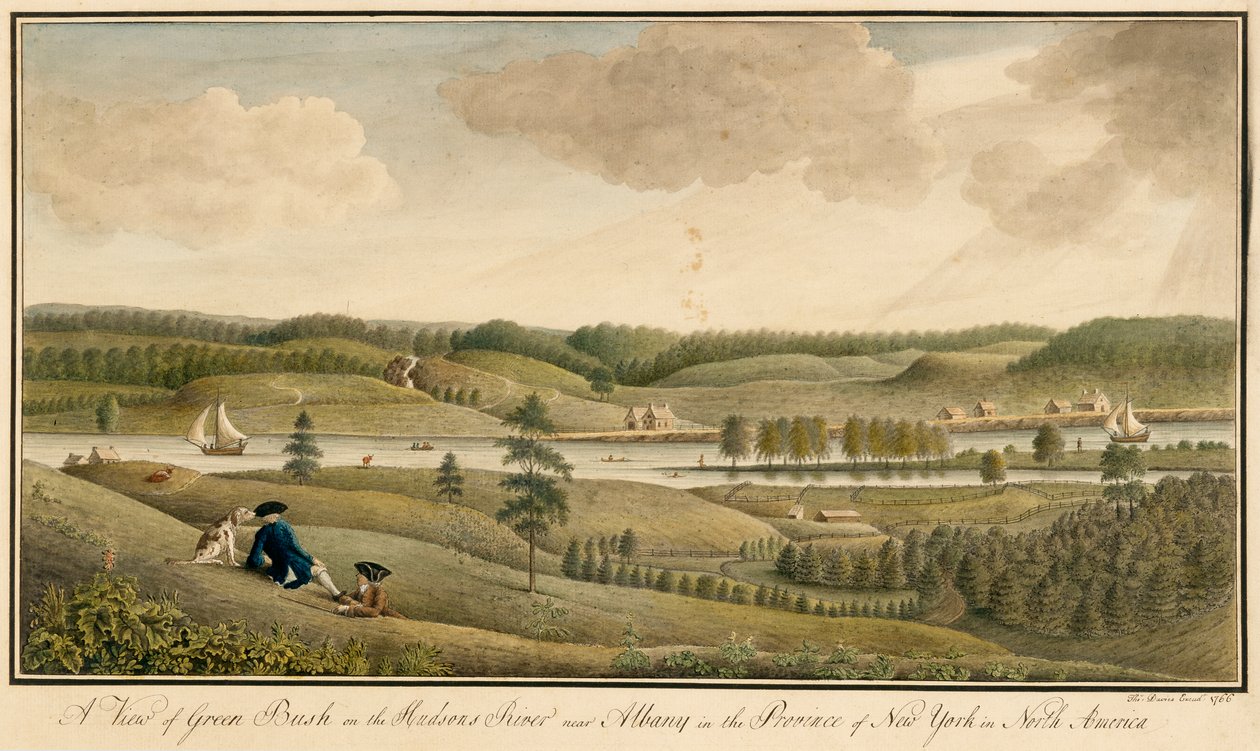Greenbush kilátása a Hudson folyón, Albany közelében, New York tartományban, 1766 (wc és fekete tinta grafit felett a papíron) alkotó: Thomas Davies